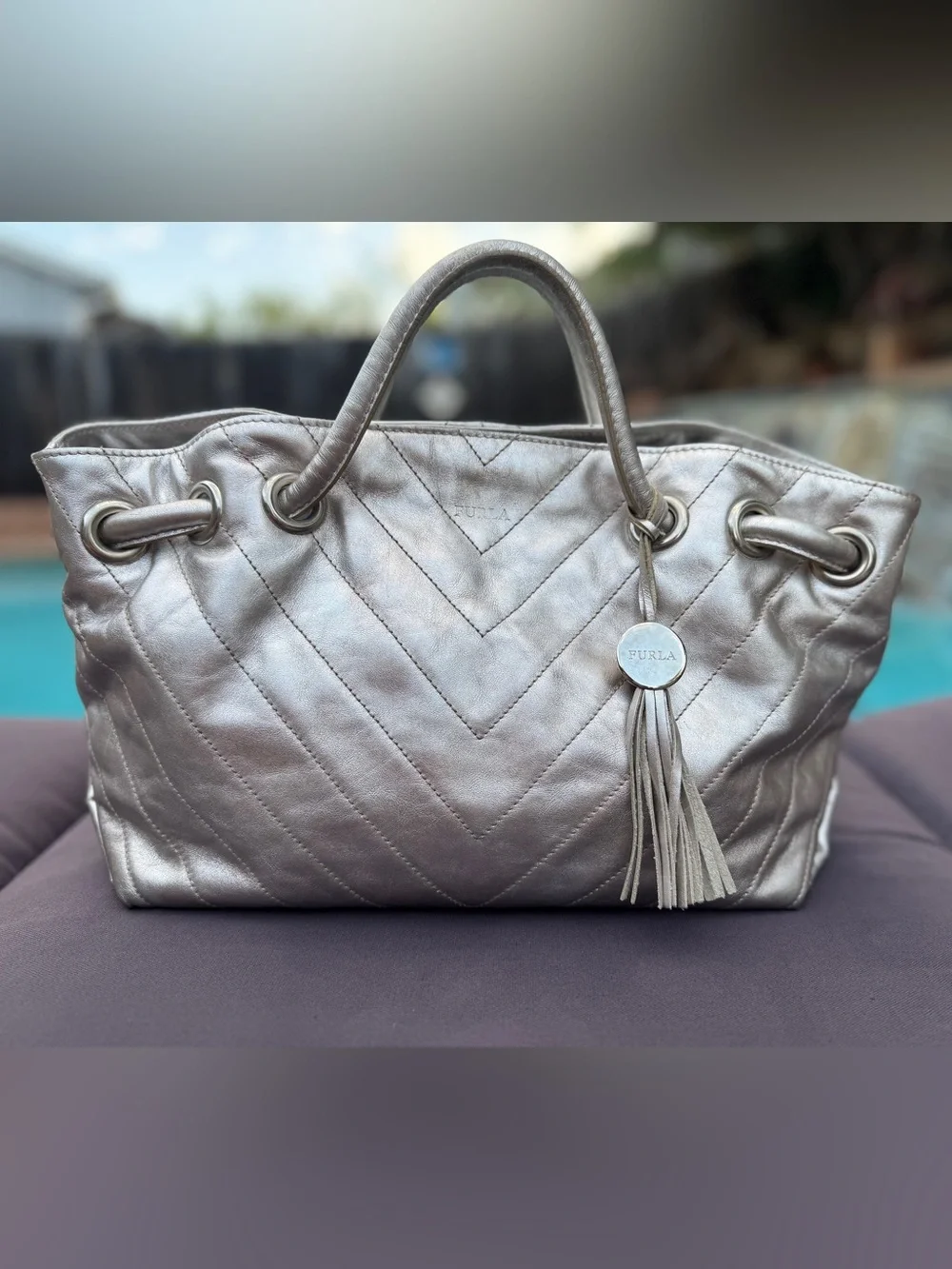 Furla Metallic Silver Leather Chevron Quilted Tote Tassel Bag VGUC Y2K